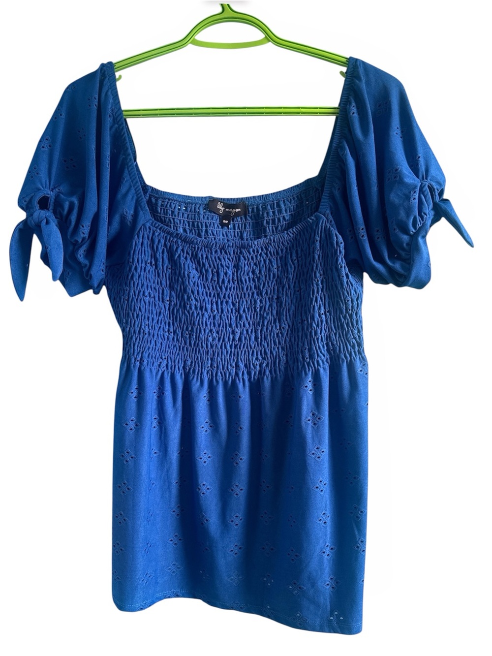 LILY MORGAN Women’s Turkish Ocean Blue Smocked Bodice Eyelet Detail Top Size S